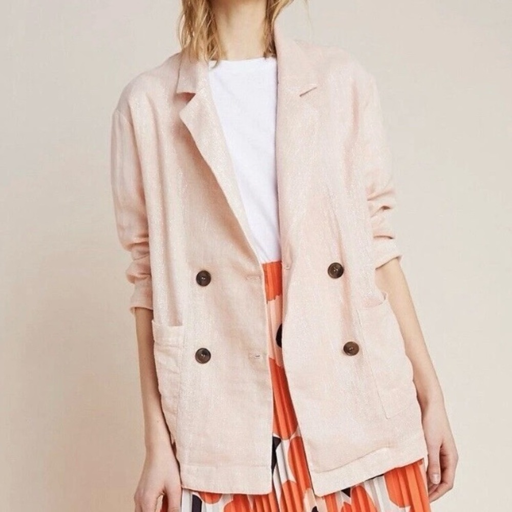 Anthropologie Amadi Kaye‎ Blazer Jacket Linen Metallic Shimmer Oversized S NEW